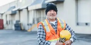 Man in a high visibility vest holding a hard hat