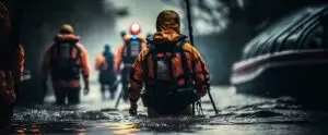 Rescuers walking through a flood